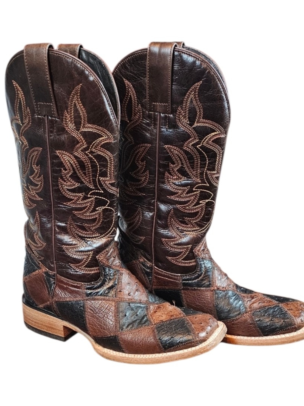 J.B. Dillon Malone Patchwork Quill Ostrich Western Boots Brown Black 8B